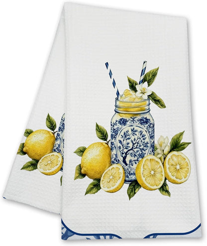 Mediterranean Lemon Kitchen Towels, Yellow Summer Lemonade Hand Towels for Bathroom Farmhouse Home, Pretty Seasonal Sicilian Amalfi Coast Towel Gifts for Women Hostess Friends -021