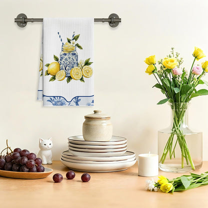 Mediterranean Lemon Kitchen Towels, Yellow Summer Lemonade Hand Towels for Bathroom Farmhouse Home, Pretty Seasonal Sicilian Amalfi Coast Towel Gifts for Women Hostess Friends -021