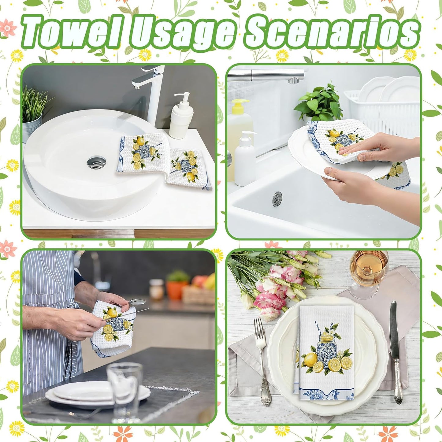 Mediterranean Lemon Kitchen Towels, Yellow Summer Lemonade Hand Towels for Bathroom Farmhouse Home, Pretty Seasonal Sicilian Amalfi Coast Towel Gifts for Women Hostess Friends -021