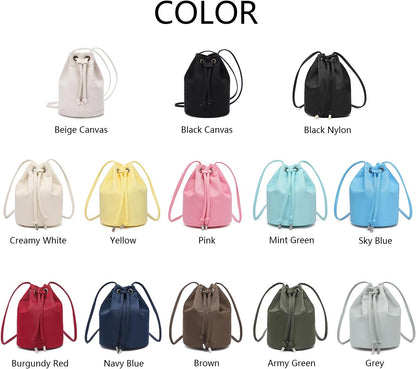 Black Drawstring Crossbody Bag Nylon Fabric Large Capacity Organizer Bag with Gold Tone Hardware | Nylon Fabric