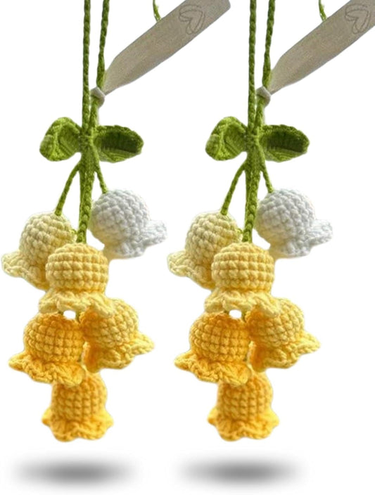 2Pcs Car Decorations Car Hanging Ornaments, Crochet Flowers Bag Charms Decor Cars Rear View Mirror Accessories Hand Knitted Crochet Flower Decor, for Room Backpack keychain Decoration Pendant (Yellow)