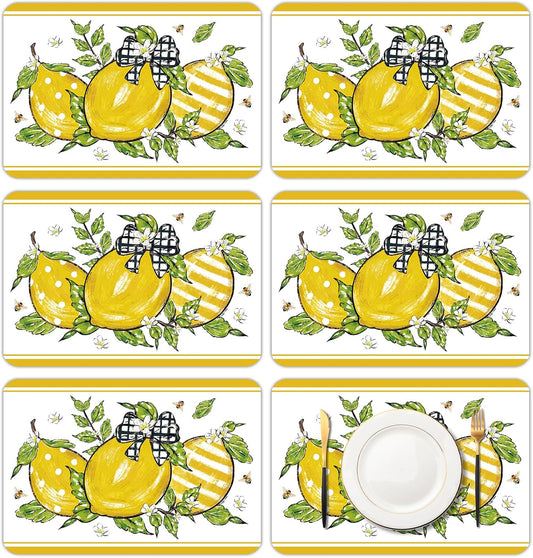 6 Pcs Lemon Bow Plastic Placemats, 11x16 Inch Bow Fruits Placemats Spring Seasonal Washable Table Mats for Wedding Baby Shower Birthday Party Kitchen Dining Decoration