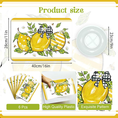 6 Pcs Lemon Bow Plastic Placemats, 11x16 Inch Bow Fruits Placemats Spring Seasonal Washable Table Mats for Wedding Baby Shower Birthday Party Kitchen Dining Decoration