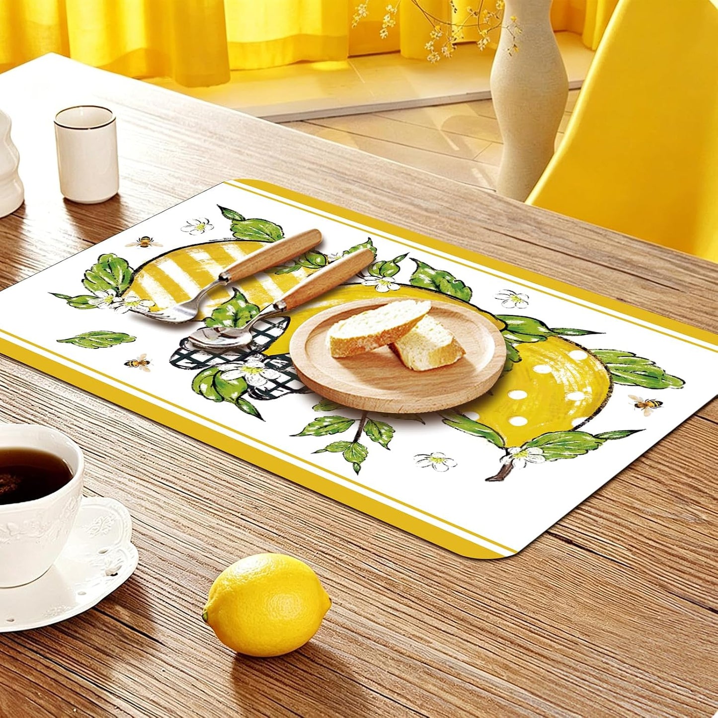 6 Pcs Lemon Bow Plastic Placemats, 11x16 Inch Bow Fruits Placemats Spring Seasonal Washable Table Mats for Wedding Baby Shower Birthday Party Kitchen Dining Decoration