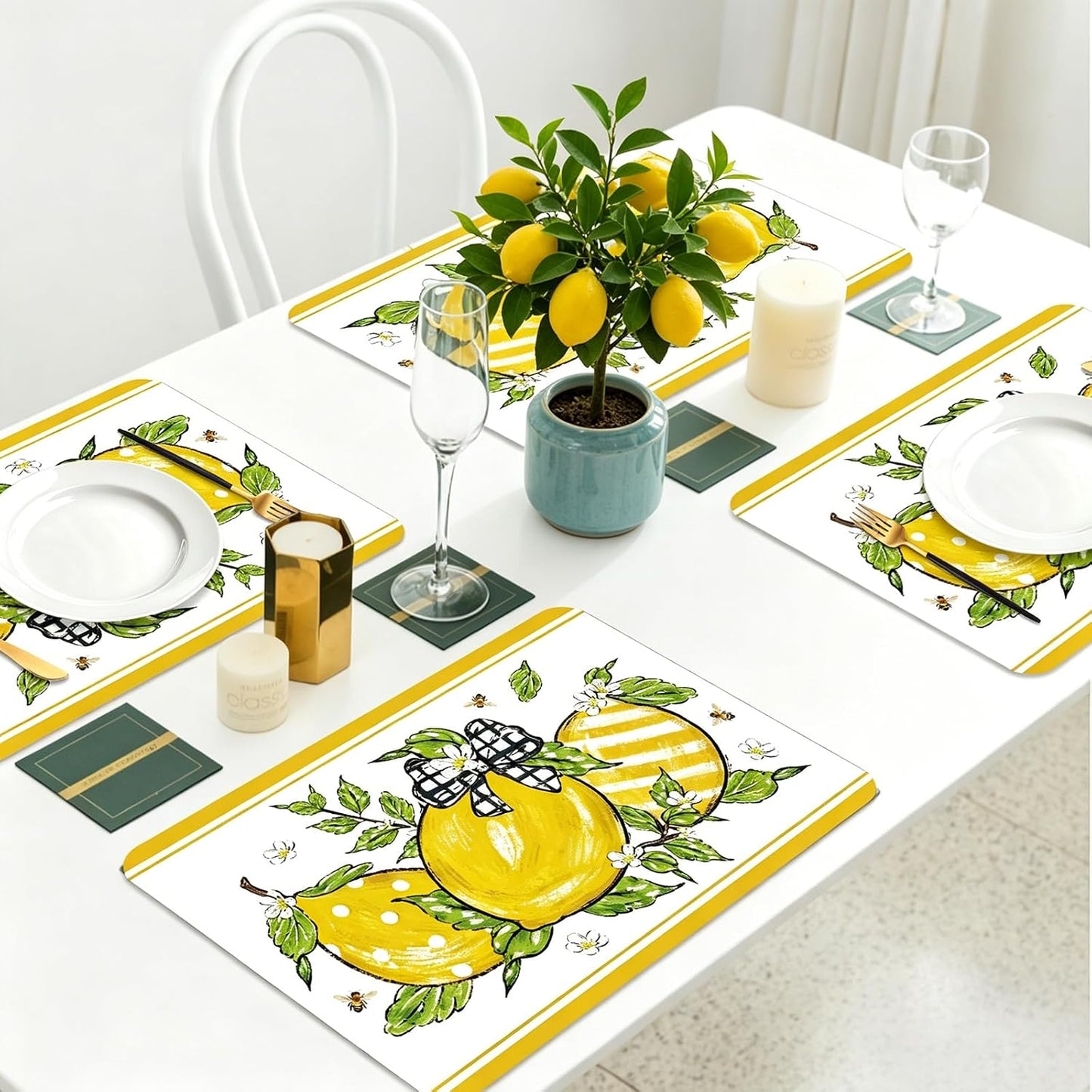 6 Pcs Lemon Bow Plastic Placemats, 11x16 Inch Bow Fruits Placemats Spring Seasonal Washable Table Mats for Wedding Baby Shower Birthday Party Kitchen Dining Decoration