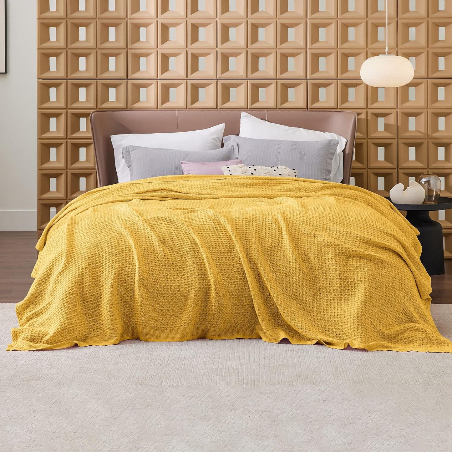 Bedsure 100% Cotton Blanket King Size for Bed - Breathable and Soft for Summer, Thick Cozy Waffle Weave Blanket Gifts for Women, Mustard Yellow, 104x90 inches