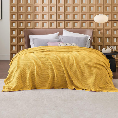 Bedsure 100% Cotton Blanket Queen Size for Bed - Cooling Breathable and Soft for Summer, Thick Cozy Waffle Weave Blanket Gifts for Women, Mustard Yellow, 90x90 Inches