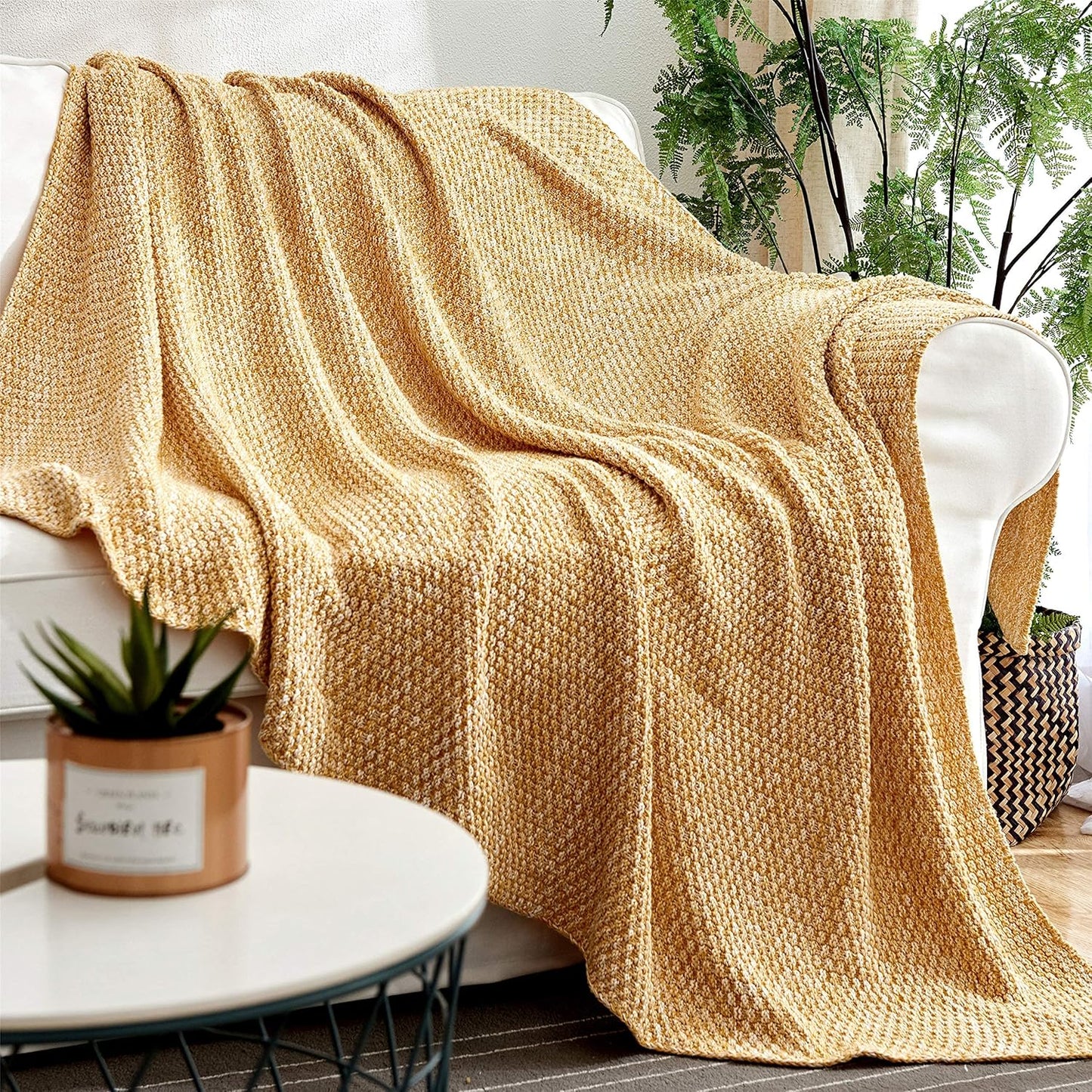 Longhui bedding 100% Cotton Knitted Throw Blanket – Mustard Yellow, Soft & Cozy, Machine Washable, 60"x80" – Perfect for Living Room, Couch, Sofa, Bed or Travel