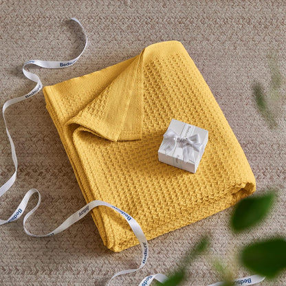 Bedsure 100% Cotton Blanket King Size for Bed - Breathable and Soft for Summer, Thick Cozy Waffle Weave Blanket Gifts for Women, Mustard Yellow, 104x90 inches