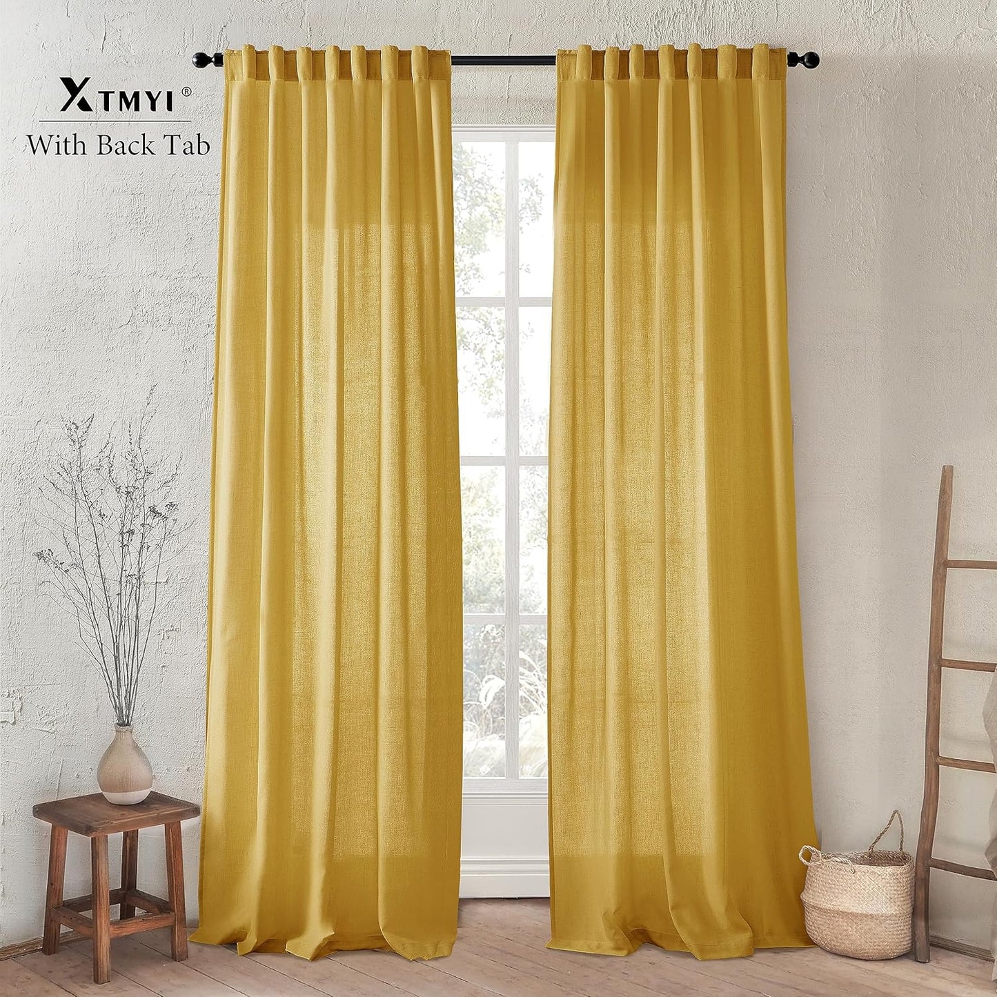 XTMYI Mustard Yellow Sheer Curtains 84 Inches Long for Spring Living Room 2 Panels Set Linen Textured Back Tab Pleated Gold Yellow Boho Retro Curtains for Bedroom Dining Room Kids Playroom,7ft Length