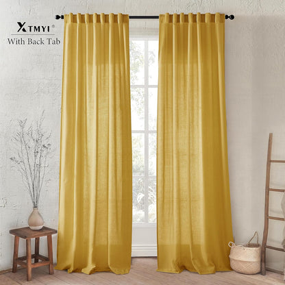 XTMYI Mustard Yellow Sheer Curtains 84 Inches Long for Spring Living Room 2 Panels Set Linen Textured Back Tab Pleated Gold Yellow Boho Retro Curtains for Bedroom Dining Room Kids Playroom,7ft Length