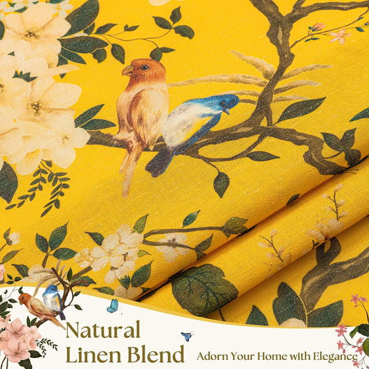 Boho Mustard Yellow Floral Bird Semi Sheer Linen Curtains 96 Inch Length for Living Dining Room 2 Panels Back Tab Farmhouse Vintage Mid Century Light Filtering Leaf Flower Patterned Bedroom Drapes