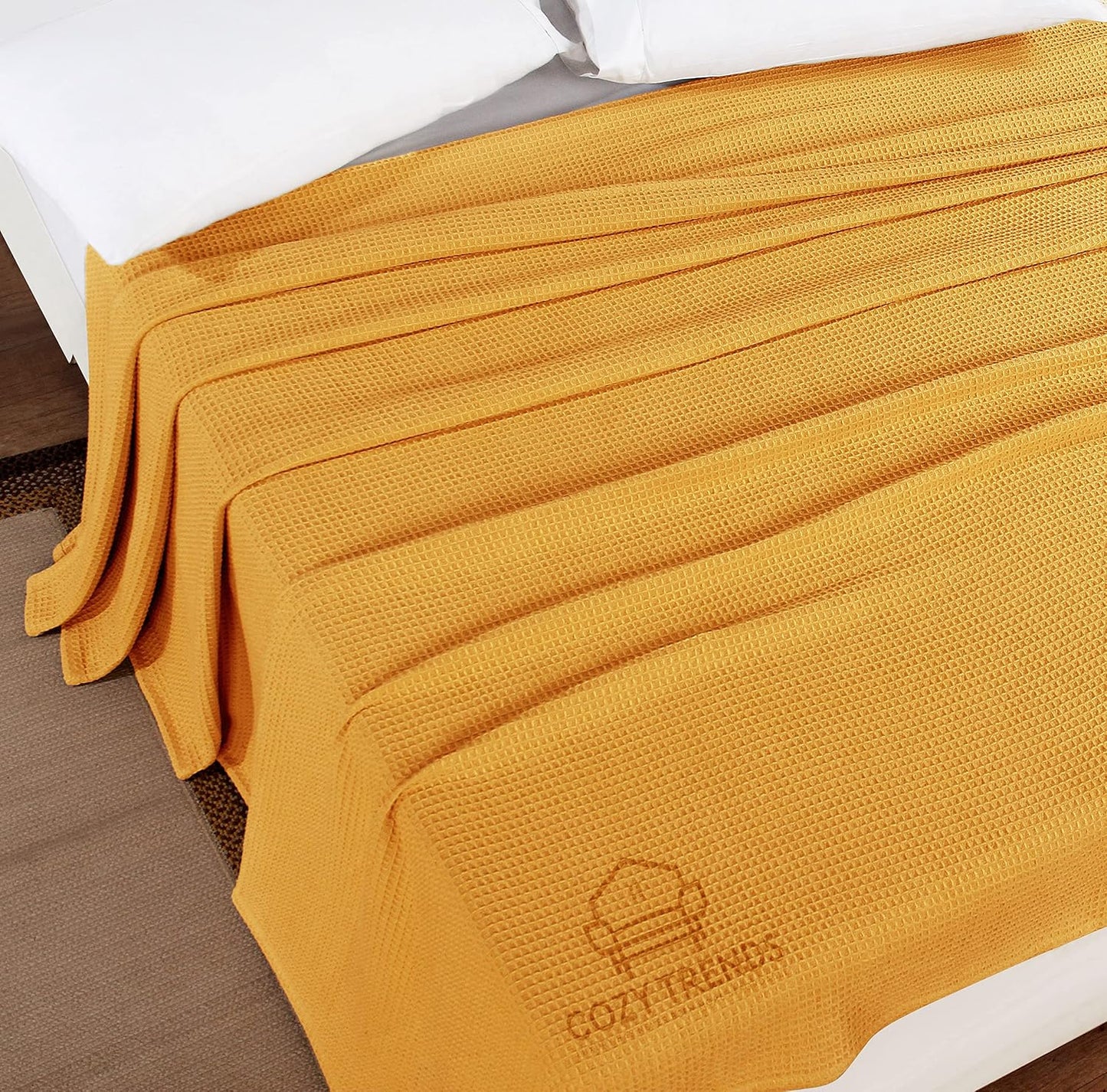 Luxurious Combed Cotton Waffle Weave Super Soft, Cozy Warm, Breathable, Light Weight, Stylish, All Season Thermal Blankets Twin/Full/Queen/King (Mustard Yellow, Full/Queen)