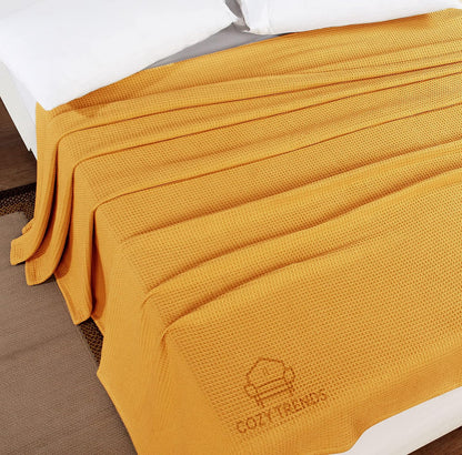 Luxurious Combed Cotton Waffle Weave Super Soft, Cozy Warm, Breathable, Light Weight, Stylish, All Season Thermal Blankets Twin/Full/Queen/King (Mustard Yellow, Full/Queen)