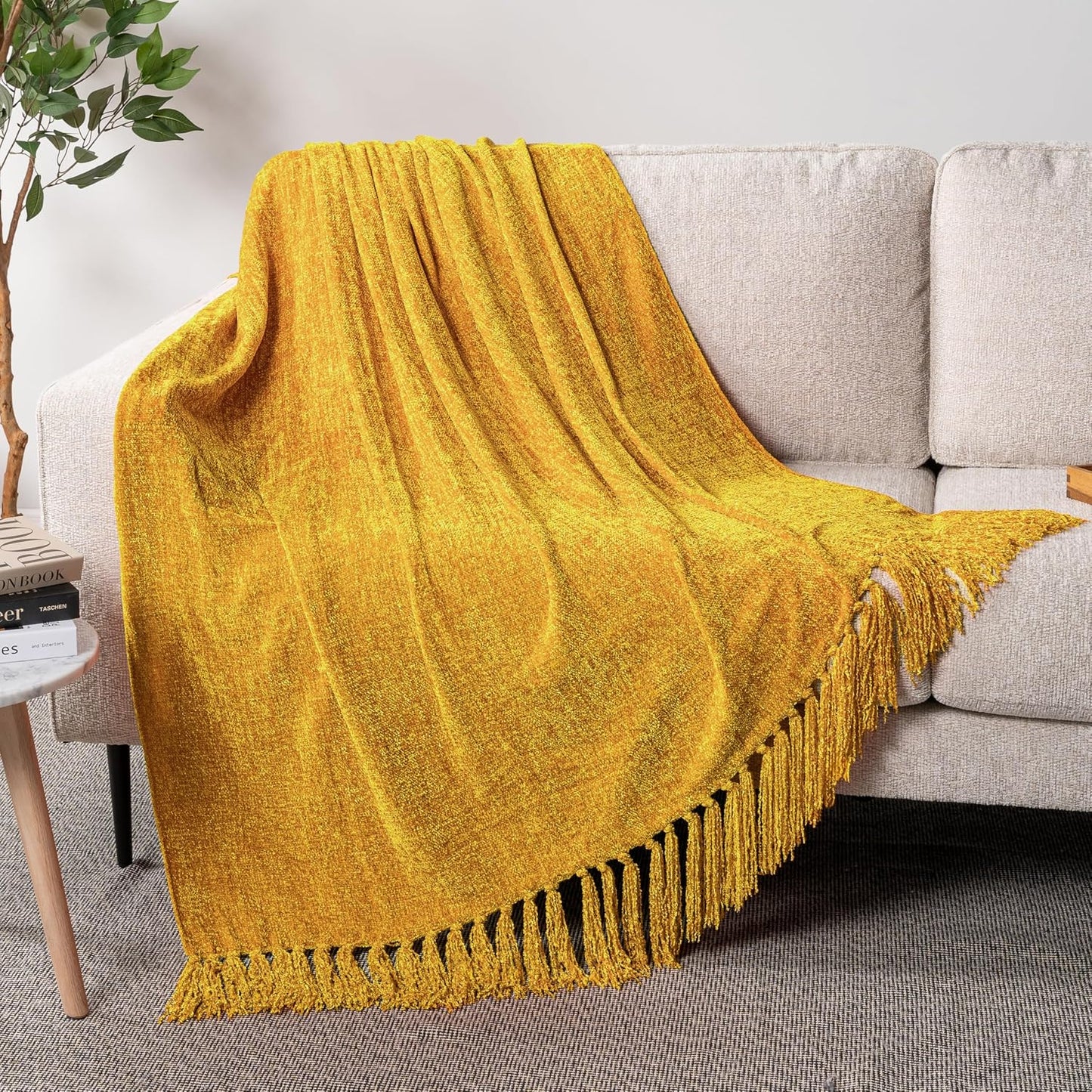 PAVILIA Mustard Yellow Blanket for Couch, Chenille Throw for Sofa Bed, Soft Knit Woven Gold Blanket with Decorative Tassel for Chair Living Room, Mustard Yellow 50x60