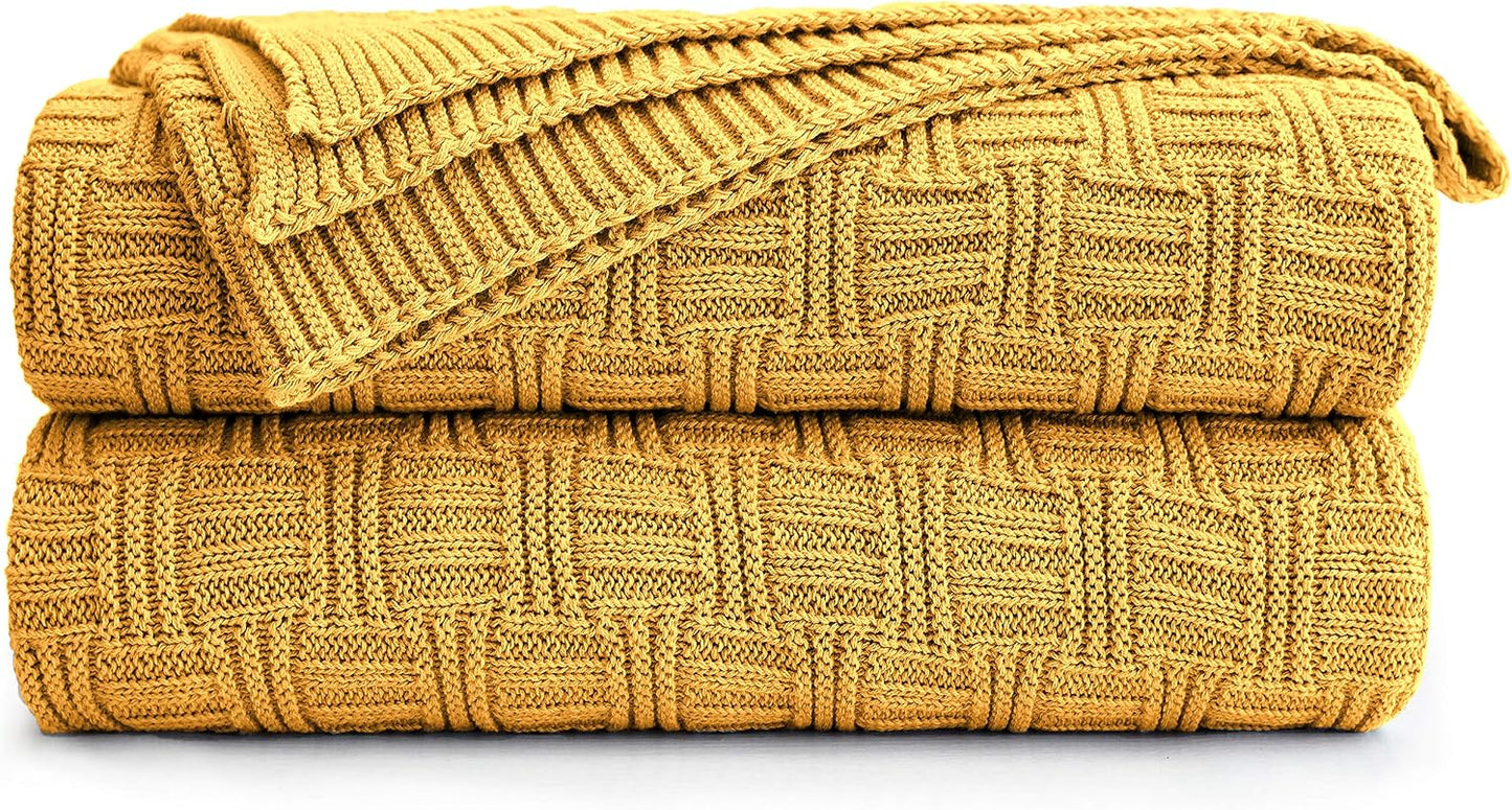 Cotton Mustard Yellow Knit Throw Blanket for Couch Sofa Beach Chair Bed Home Decorative Soft Warm Cozy Cable Lightweight Knitted Blankets,50 x 60 Inch, 2.2 Pounds