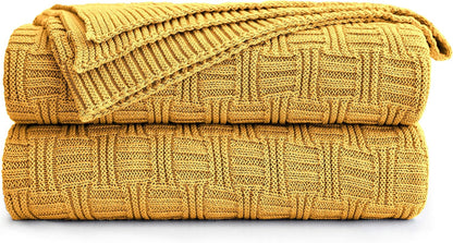 Cotton Mustard Yellow Knit Throw Blanket for Couch Sofa Beach Chair Bed Home Decorative Soft Warm Cozy Cable Lightweight Knitted Blankets,50 x 60 Inch, 2.2 Pounds