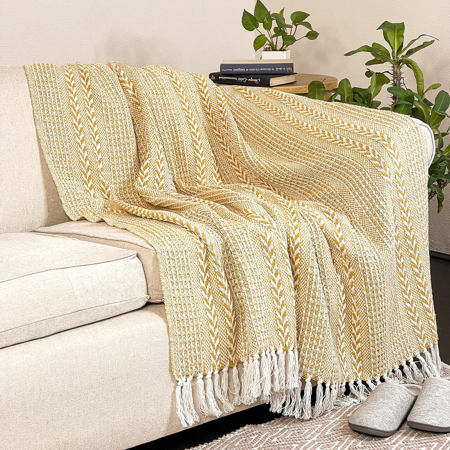 Chardin home Yellow Braided Waffle Weave Throw, 50x60 Inch Recycled Cotton- Large, Wearable, Breathable, Skin-Friendly Everyday use Blanket for Couch, Bed, Sofa - Soft Lightweight Picnic Rug