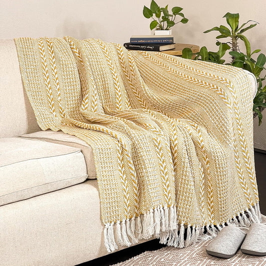 Chardin home Yellow Braided Waffle Weave Throw, 50x60 Inch Recycled Cotton- Large, Wearable, Breathable, Skin-Friendly Everyday use Blanket for Couch, Bed, Sofa - Soft Lightweight Picnic Rug