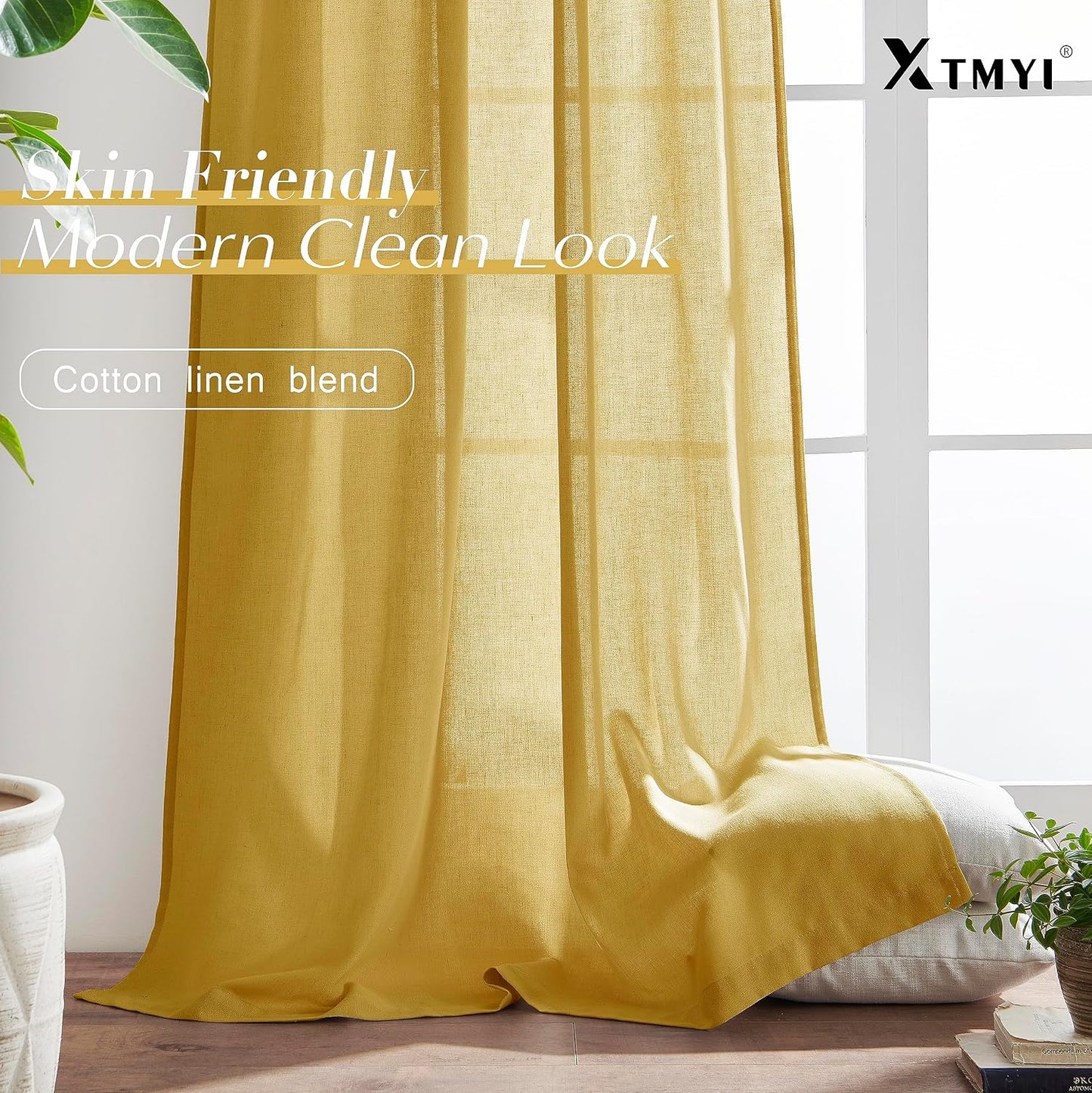 XTMYI Mustard Yellow Sheer Curtains 84 Inches Long for Spring Living Room 2 Panels Set Linen Textured Back Tab Pleated Gold Yellow Boho Retro Curtains for Bedroom Dining Room Kids Playroom,7ft Length