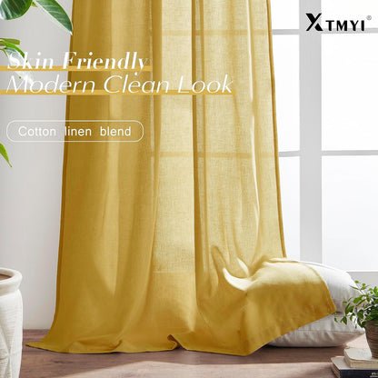 XTMYI Mustard Yellow Sheer Curtains 84 Inches Long for Spring Living Room 2 Panels Set Linen Textured Back Tab Pleated Gold Yellow Boho Retro Curtains for Bedroom Dining Room Kids Playroom,7ft Length