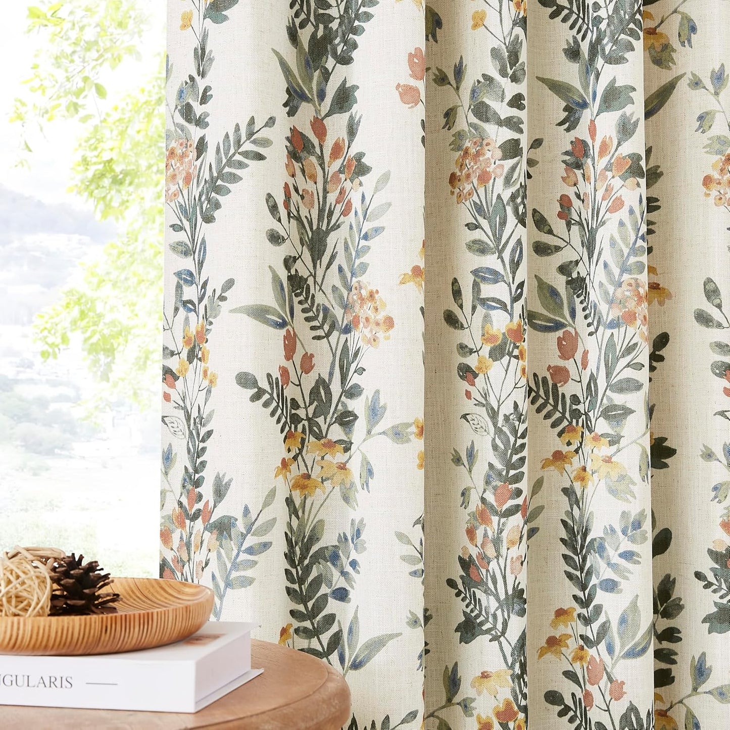 Kayne Studio Pinch Pleated Blackout Window Curtain Panels Botanical Floral Boho Leaf Print Country Farmhouse Green Yellow Room Darkening Thermal Insulated Window Treatment Bedroom,40"x108",2 Panels