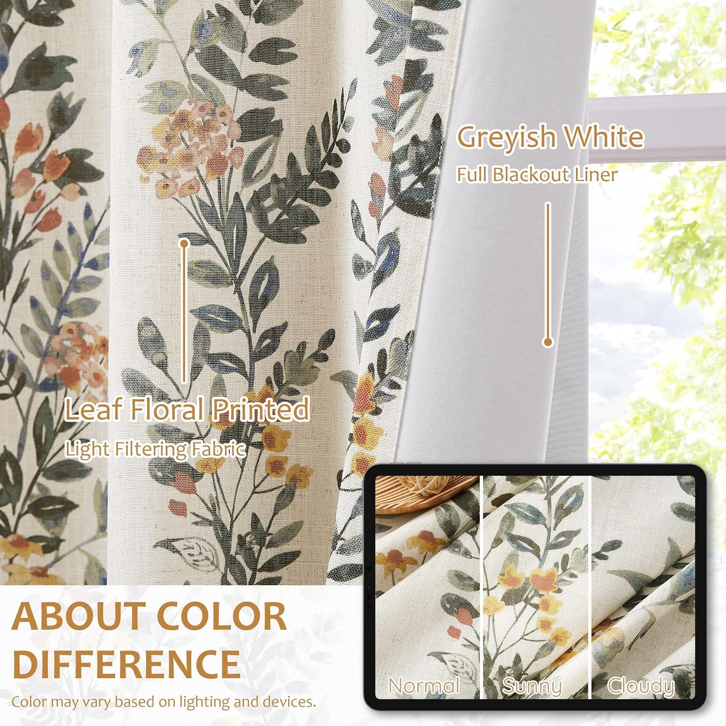Kayne Studio Pinch Pleated Blackout Window Curtain Panels Botanical Floral Boho Leaf Print Country Farmhouse Green Yellow Room Darkening Thermal Insulated Window Treatment Bedroom,40"x108",2 Panels