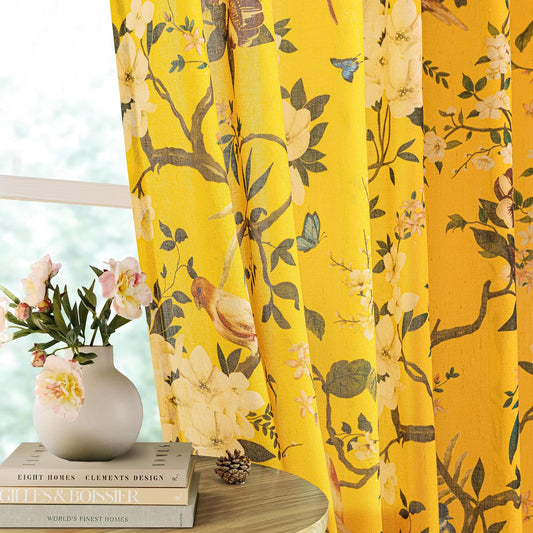 Boho Mustard Yellow Floral Bird Semi Sheer Linen Curtains 96 Inch Length for Living Dining Room 2 Panels Back Tab Farmhouse Vintage Mid Century Light Filtering Leaf Flower Patterned Bedroom Drapes