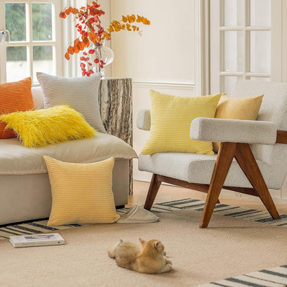 Home Brilliant Yellow Pillow Covers Summer Decorative Set of 2 Striped Corduroy Plush Velvet Throw Pillow Covers for Couch Decor, 18x18 inch, Light Yellow