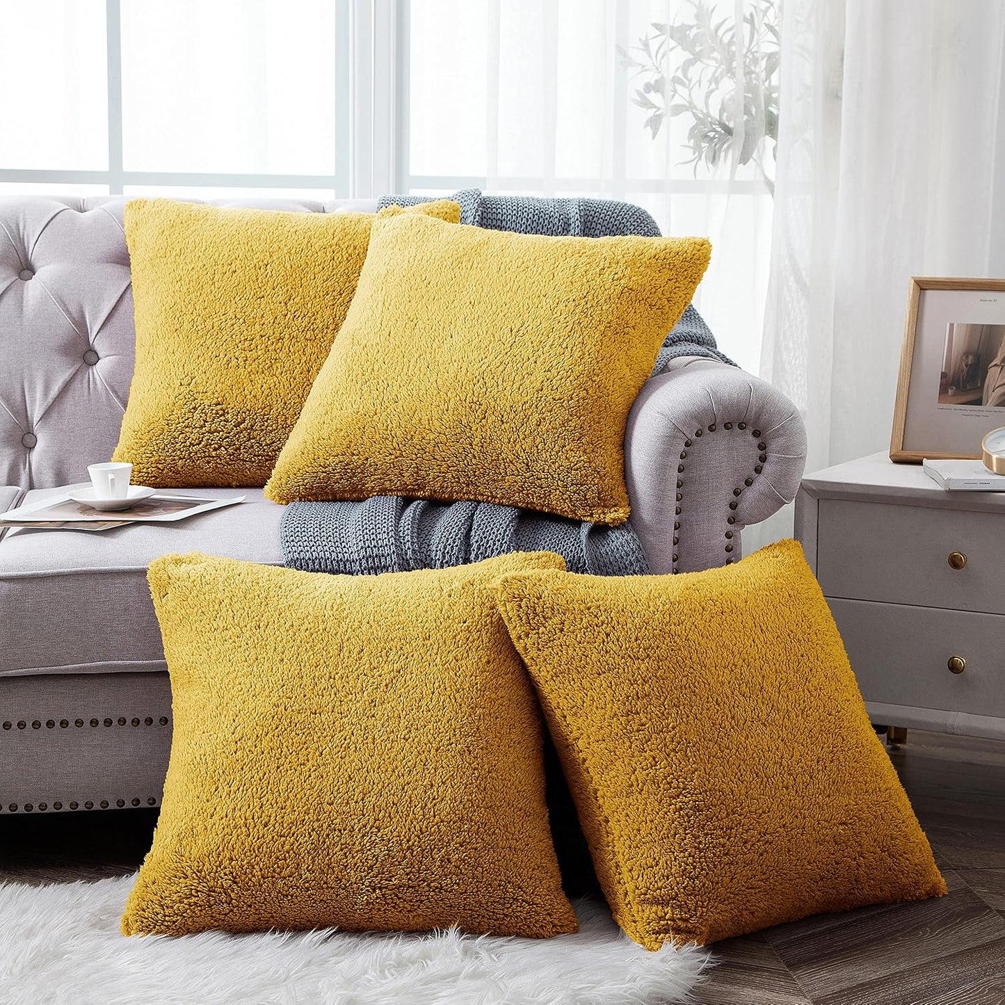 Home Soft Things Sherpa Pillow Shell 4 Piece Set, 20" x 20", Lemon Curry