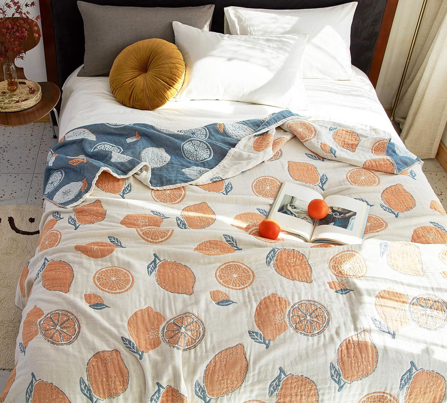 Scientific Sleep Lemon 100% Cotton Muslin Blanket Throw Cover for Bed Couch Sofa Cozy Soft Reversible Bedding Blanket Quilt Bedspread Coverlet Twin 60 in x 80 in