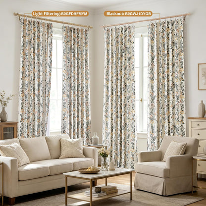 Kayne Studio Pinch Pleated Blackout Window Curtain Panels Botanical Floral Boho Leaf Print Country Farmhouse Green Yellow Room Darkening Thermal Insulated Window Treatment Bedroom,40"x108",2 Panels