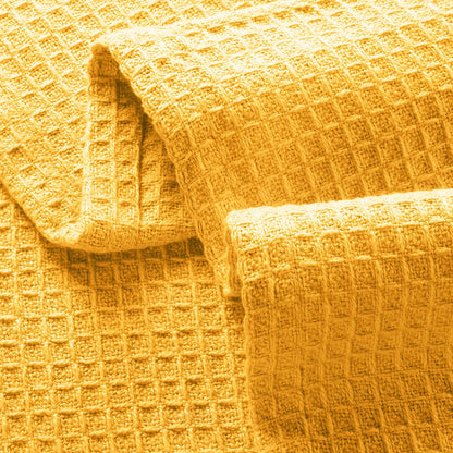 GLAMBURG 100% Cotton Thermal Blanket, Breathable Waffle Blanket, King Size, All Season, Mustard Yellow
