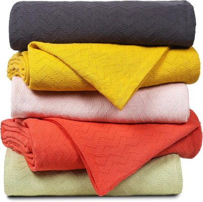 BELIZZI HOME 100% Cotton Bed Blanket, Breathable Thermal Blanket Full -Queen Size, Soft Chevron Thermal Blanket 90"x90", Cotton Bed Blanket, Perfect for Layering Any Bed for All Season, Mustard Yellow