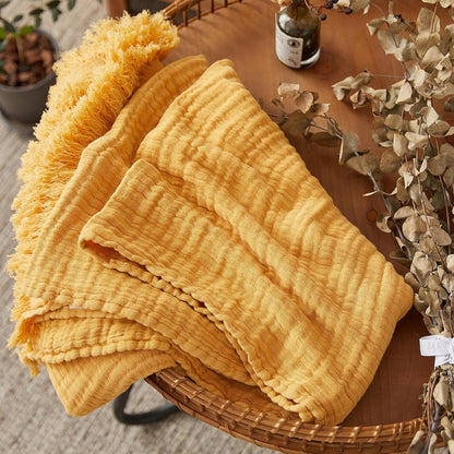 FALUCA Cotton Muslin Throw Blanket 50x60 Inches for Bed, Couch, Knit Woven Gauze Blanket, Soft Lightweight Cozy Breathable Farmhouse Decoration for All-Season, Mustard Yellow