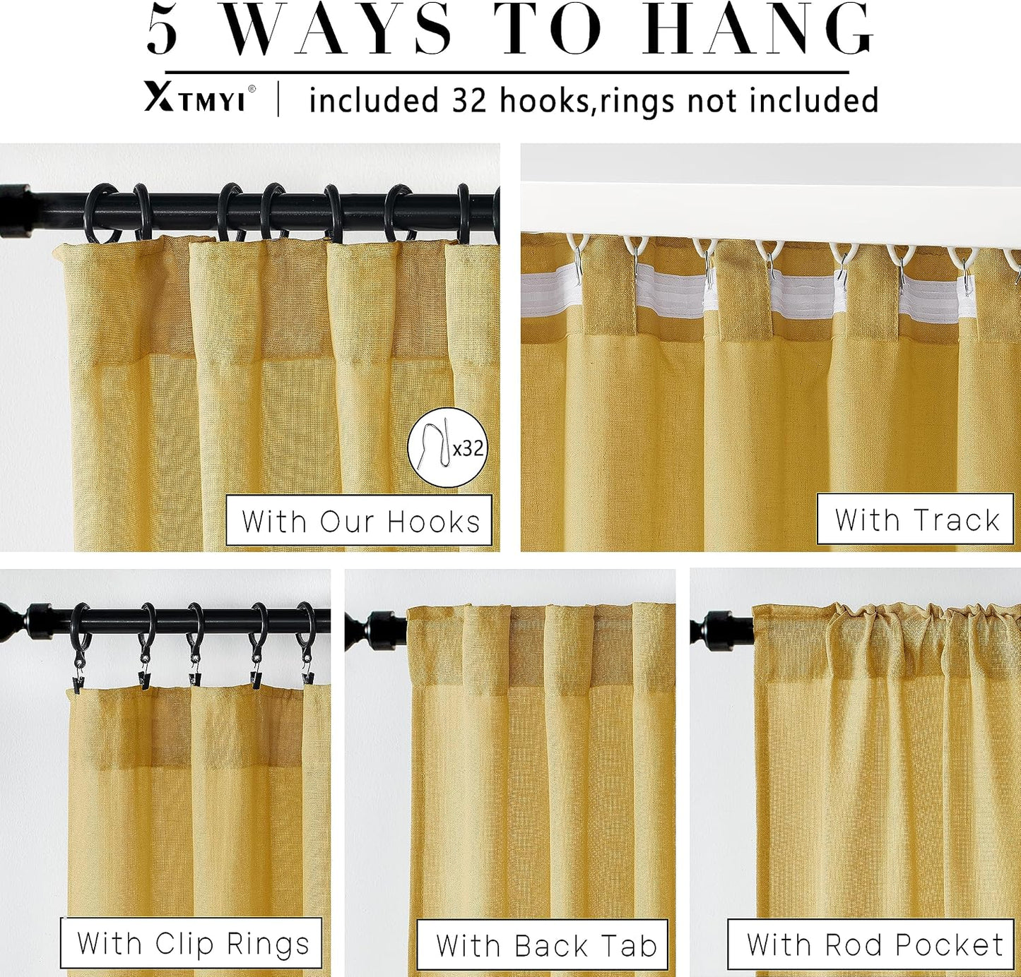 XTMYI Mustard Yellow Sheer Curtains 84 Inches Long for Spring Living Room 2 Panels Set Linen Textured Back Tab Pleated Gold Yellow Boho Retro Curtains for Bedroom Dining Room Kids Playroom,7ft Length