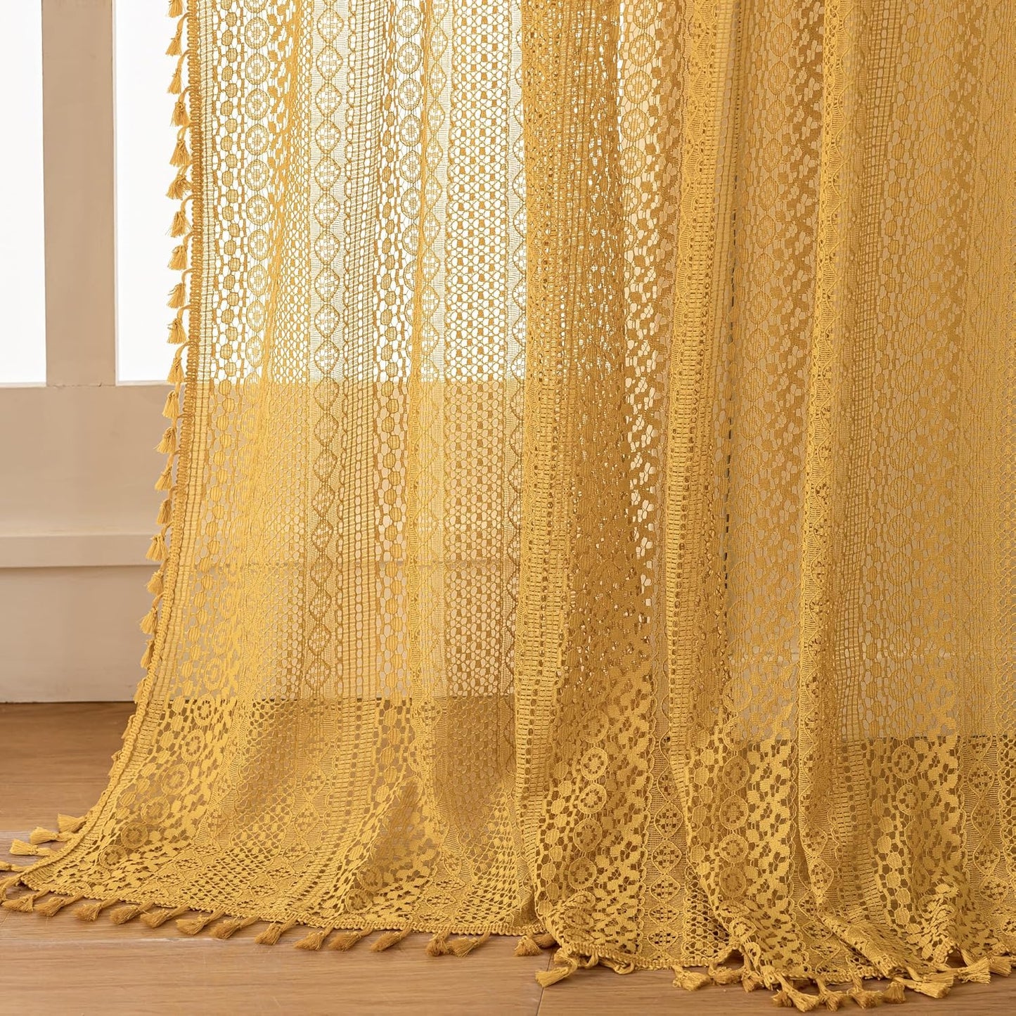 WAZZIO Boho Lace Curtains 63 Inches 2 Panel,Light Filtering Privacy Tassel & Geometry Crochet Semi Sheer Curtain Drapes for Bedroom Living Dining Room,Rod Pocket & Tassel,Mustard Yellow