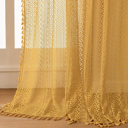 WAZZIO Boho Lace Curtains 63 Inches 2 Panel,Light Filtering Privacy Tassel & Geometry Crochet Semi Sheer Curtain Drapes for Bedroom Living Dining Room,Rod Pocket & Tassel,Mustard Yellow