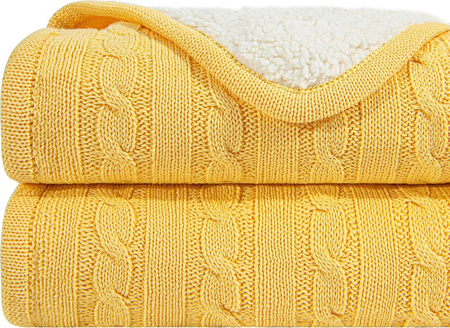NTBAY Cotton Cable Knit Sherpa Throw Blanket for Couch (51"x67"), Soft Warm Fleece Knitted Throw for Bed, Sofa, Chair - Extra Cozy, Machine Washable, Comfortable Home Decor, Yellow