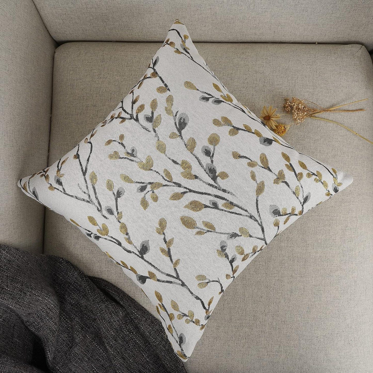 YOUR SMILE Classical Embroidery Jacquard Yellow/Gold Square Decorative Throw Pillow Case Cushion Cover 18x18 inch