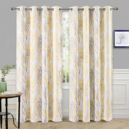 DriftAway Tree Branch Blackout Curtains Double Layer 84 Inches Long for Bedroom Printed Patterned Classic Thermal Insulated Summer Sound Lined Grommet Drapes for Living Room 2 Panels Yellow/White