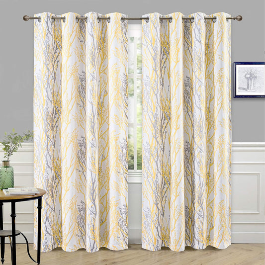 DriftAway Tree Branch Blackout Curtains Double Layer 84 Inches Long for Bedroom Printed Patterned Classic Thermal Insulated Summer Sound Lined Grommet Drapes for Living Room 2 Panels Yellow/White