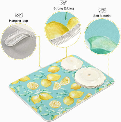 Absorbent Dish Drying Mat for Kitchen Counter - Yellow lemon teal background Microfiber Drying Pad, Reversible Drainer Mats for Countertop, Medium 16 x 18 inch