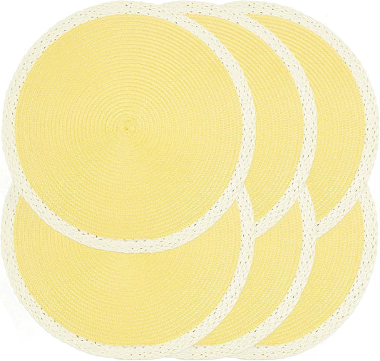 Braided Round Placemats Set of 6, 15 Inch Woven Table Mats, Non-Slip Washable Place Mats for Kitchen Dining Table Decor (Mint Yellow, 6)