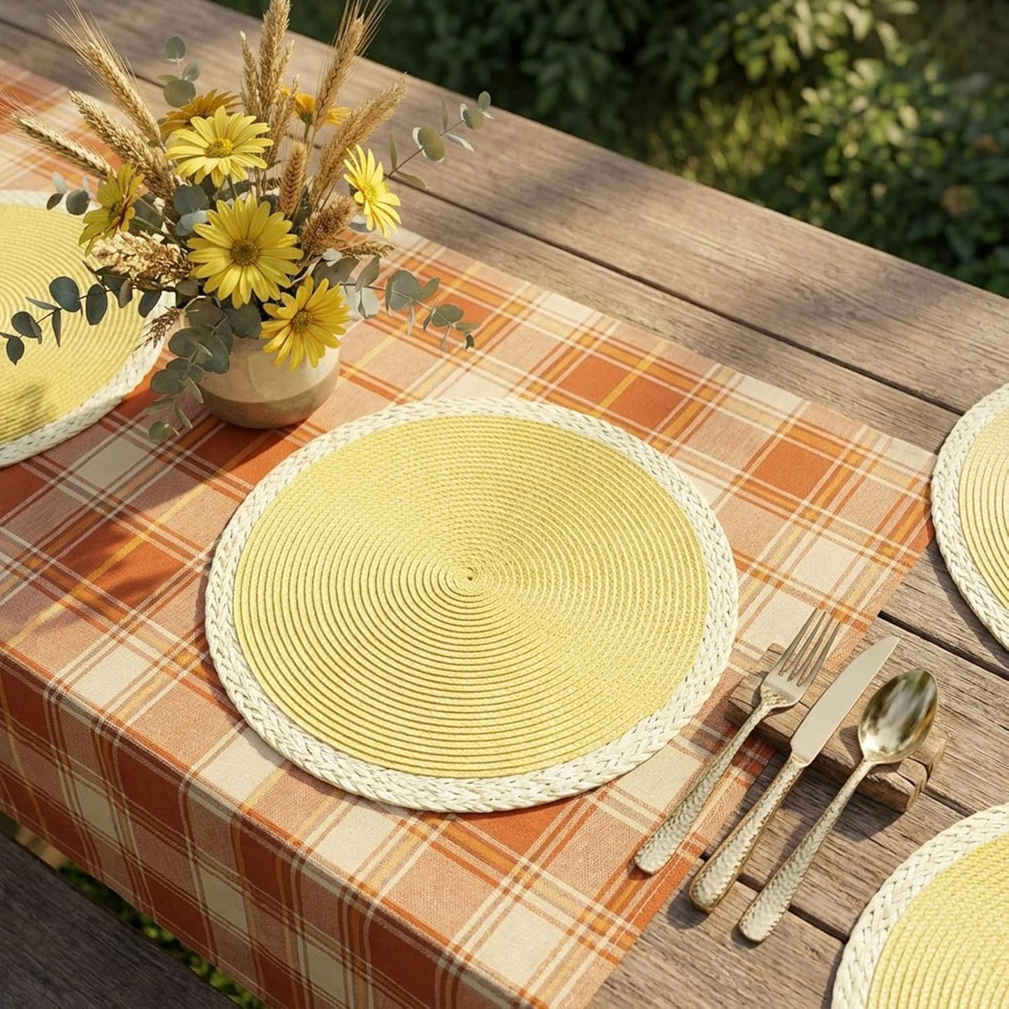 Braided Round Placemats Set of 6, 15 Inch Woven Table Mats, Non-Slip Washable Place Mats for Kitchen Dining Table Decor (Mint Yellow, 6)