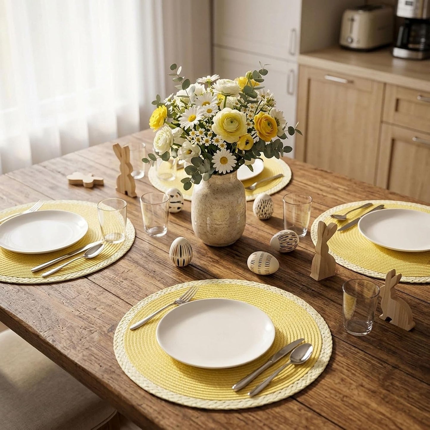 Braided Round Placemats Set of 6, 15 Inch Woven Table Mats, Non-Slip Washable Place Mats for Kitchen Dining Table Decor (Mint Yellow, 6)