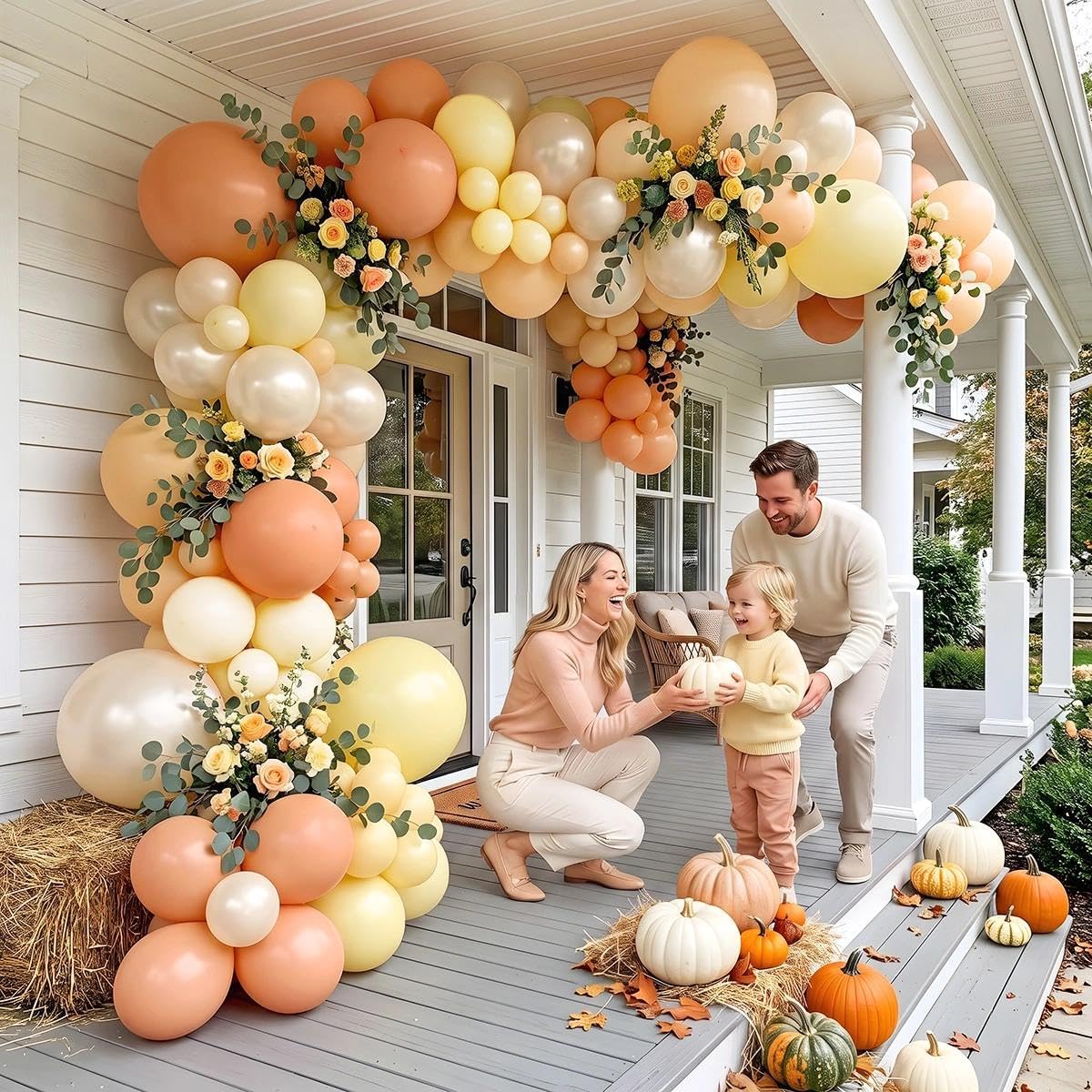 Double Stuffed Peach Yellow Balloon Arch Garland Kit | Ivory Pearl latex Balloon for Fall Baby Shower/Bridal Wedding/Little Cuties Citrus Birthday Party