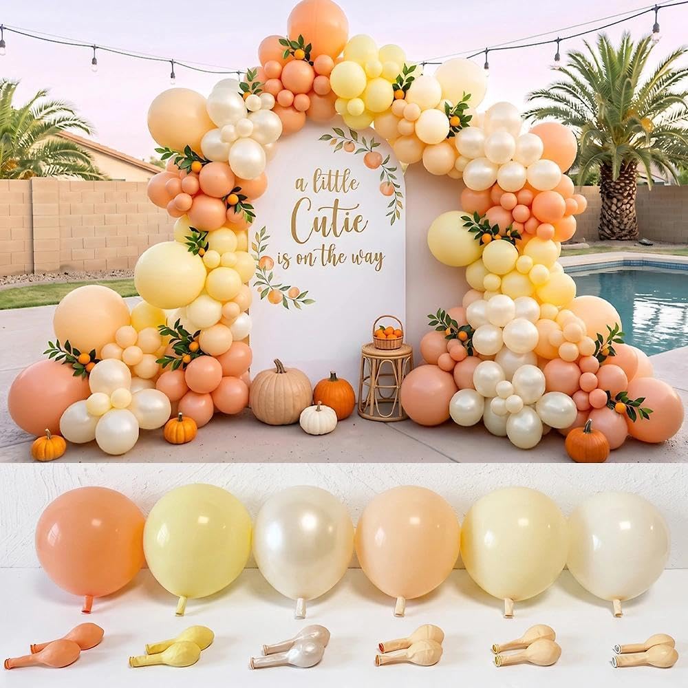 Double Stuffed Peach Yellow Balloon Arch Garland Kit | Ivory Pearl latex Balloon for Fall Baby Shower/Bridal Wedding/Little Cuties Citrus Birthday Party