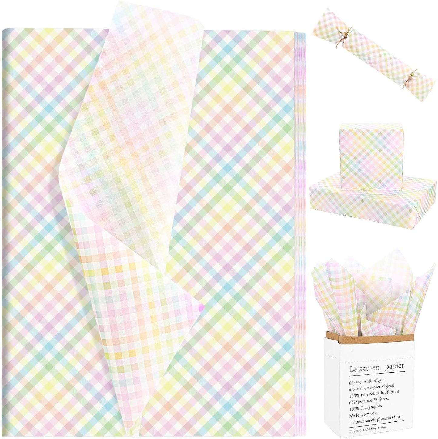 100Pcs Easter Tissue Paper for Gift Wrapping Pastel Plaid Color Art Tissue Paper for Happy Easter Party Spring Holidays DIY Craft Supplies, 20 * 14 Inches