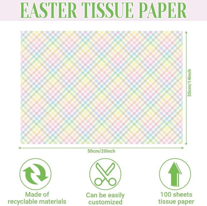 100Pcs Easter Tissue Paper for Gift Wrapping Pastel Plaid Color Art Tissue Paper for Happy Easter Party Spring Holidays DIY Craft Supplies, 20 * 14 Inches